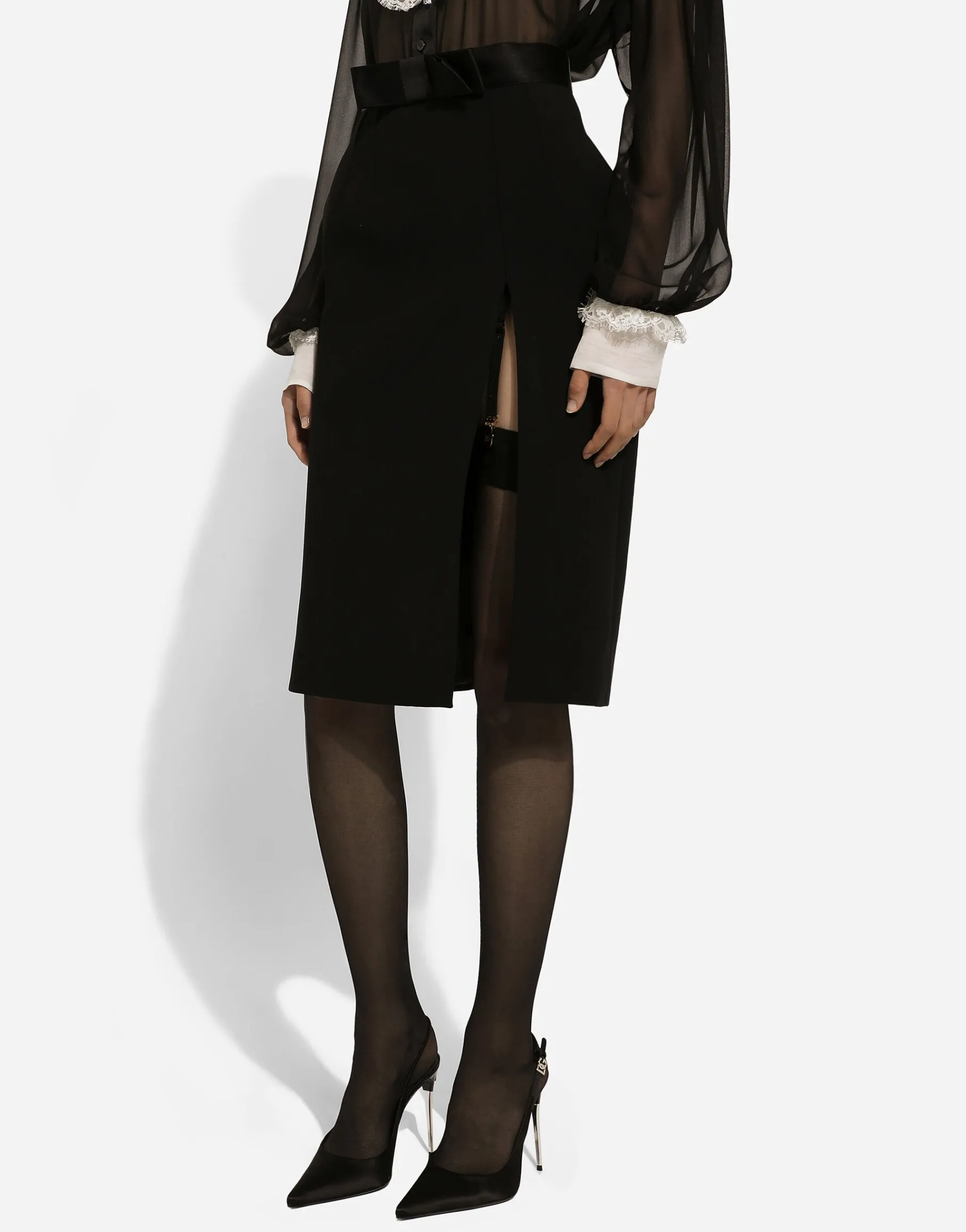 Wool midi pencil skirt with satin waistband