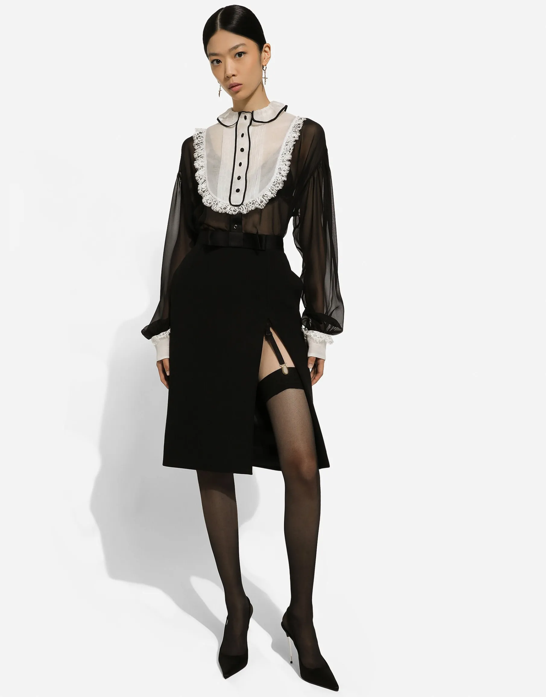 Wool midi pencil skirt with satin waistband