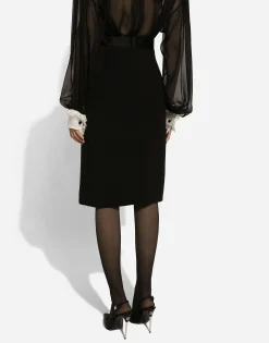 Wool midi pencil skirt with satin waistband