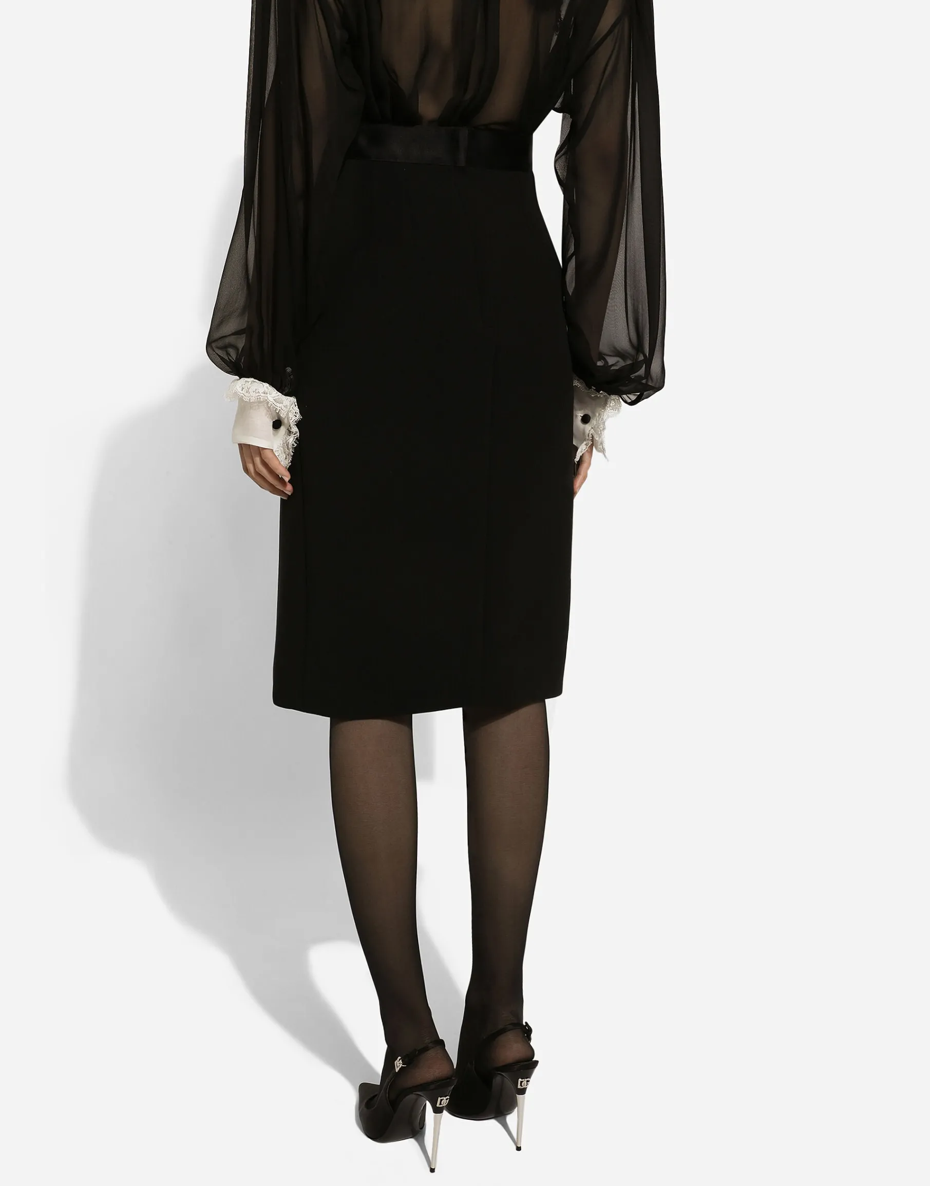 Wool midi pencil skirt with satin waistband