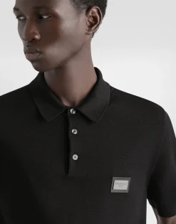 Wool polo-shirt with branded tag