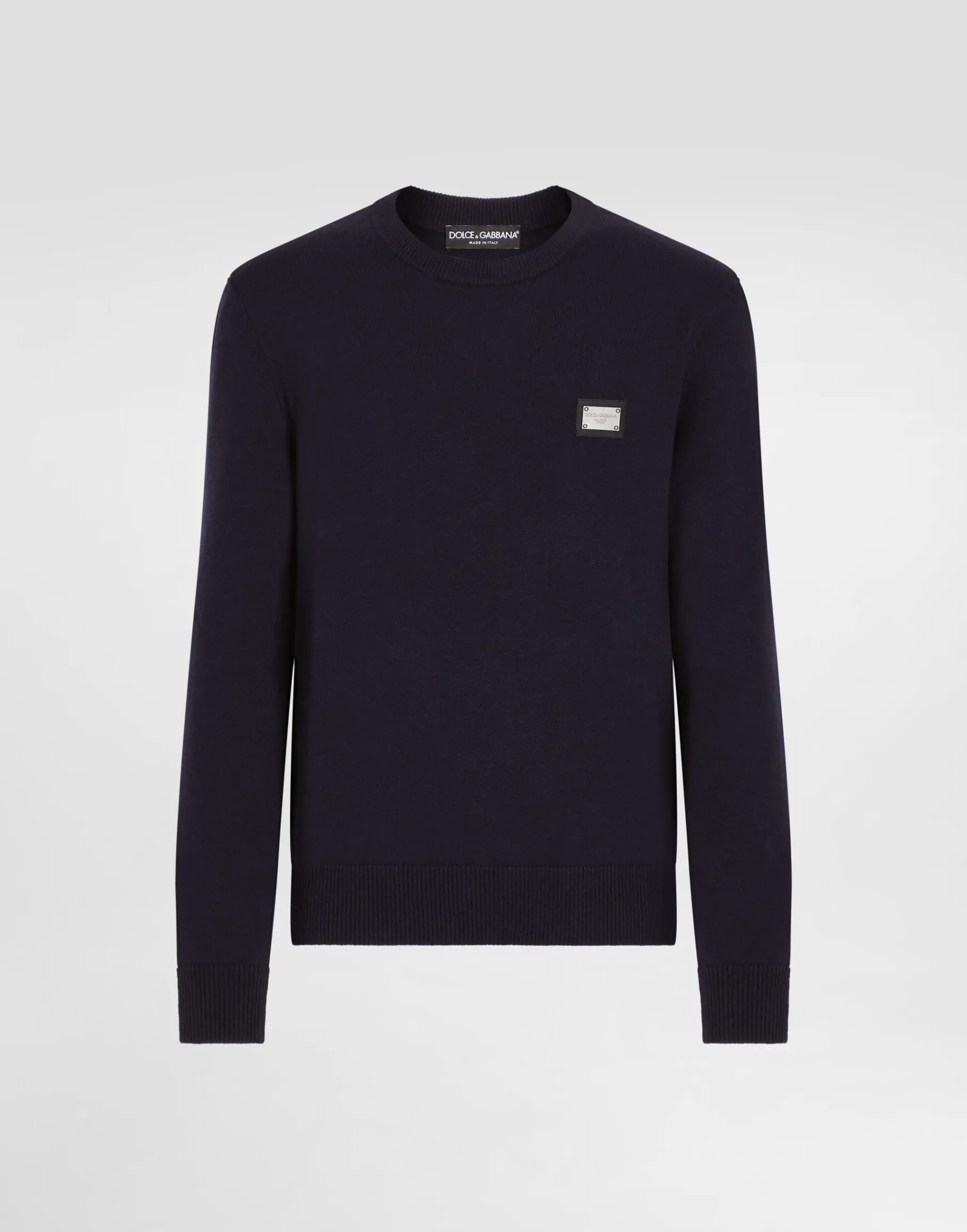 Wool round-neck sweater with branded tag