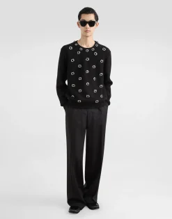 Wool round-neck sweater with embroidery and bejeweled buttons