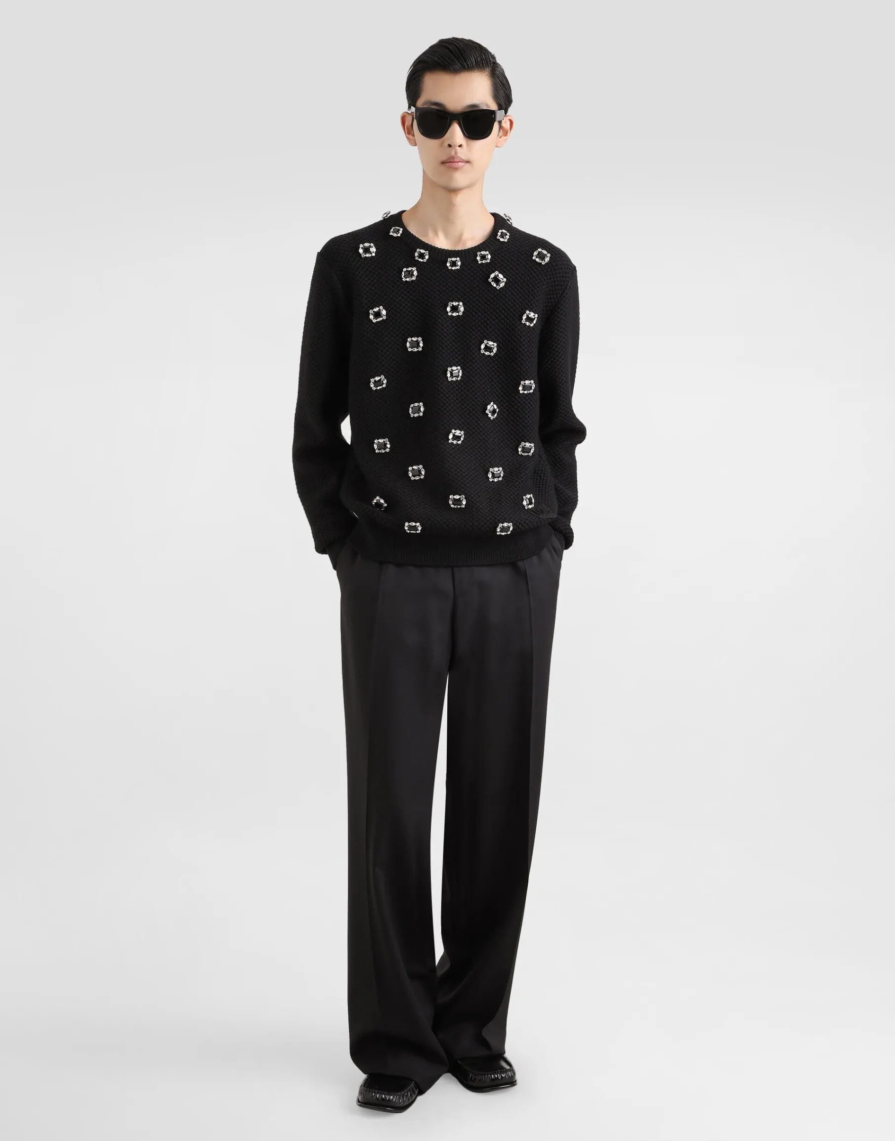 Wool round-neck sweater with embroidery and bejeweled buttons