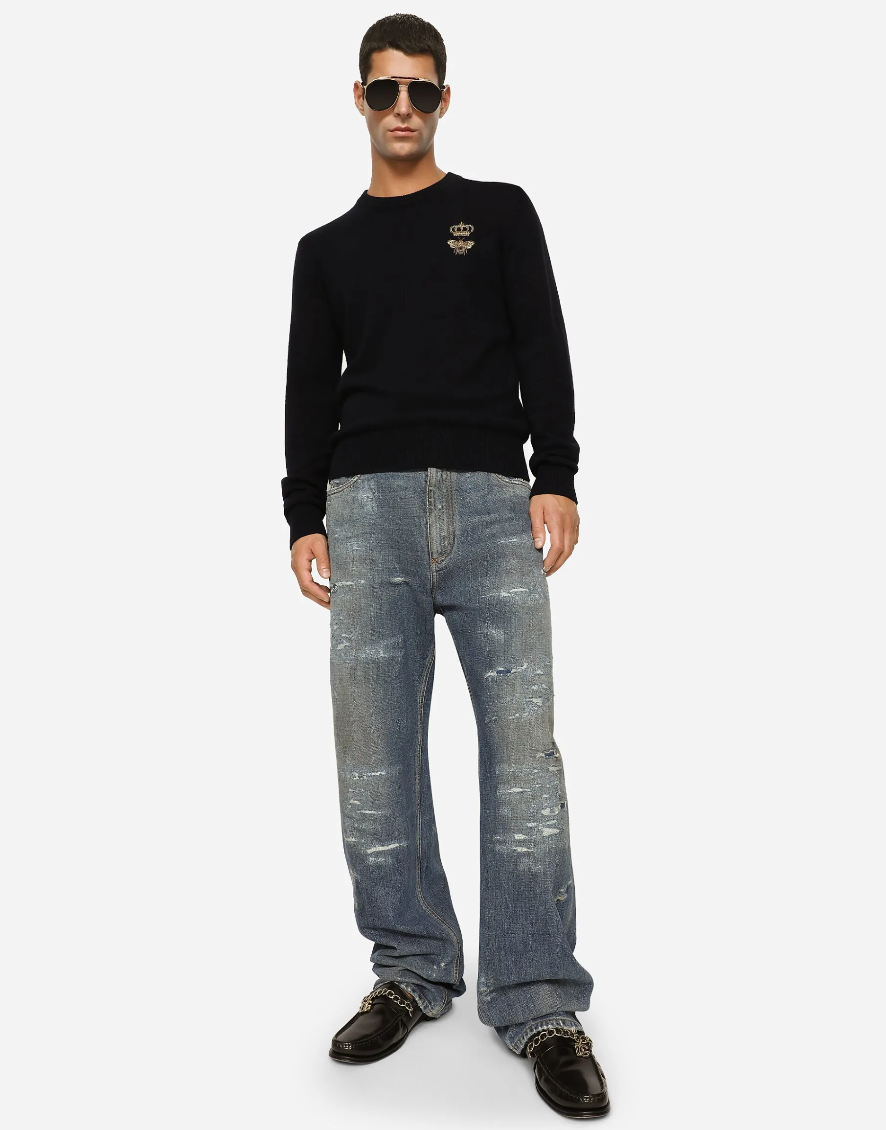 Wool round-neck sweater with embroidery