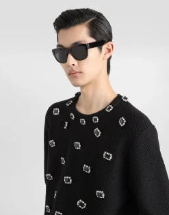 Wool round-neck sweater with embroidery and bejeweled buttons