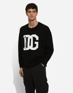 Wool round-neck sweater with DG inlay