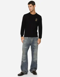 Wool round-neck sweater with embroidery