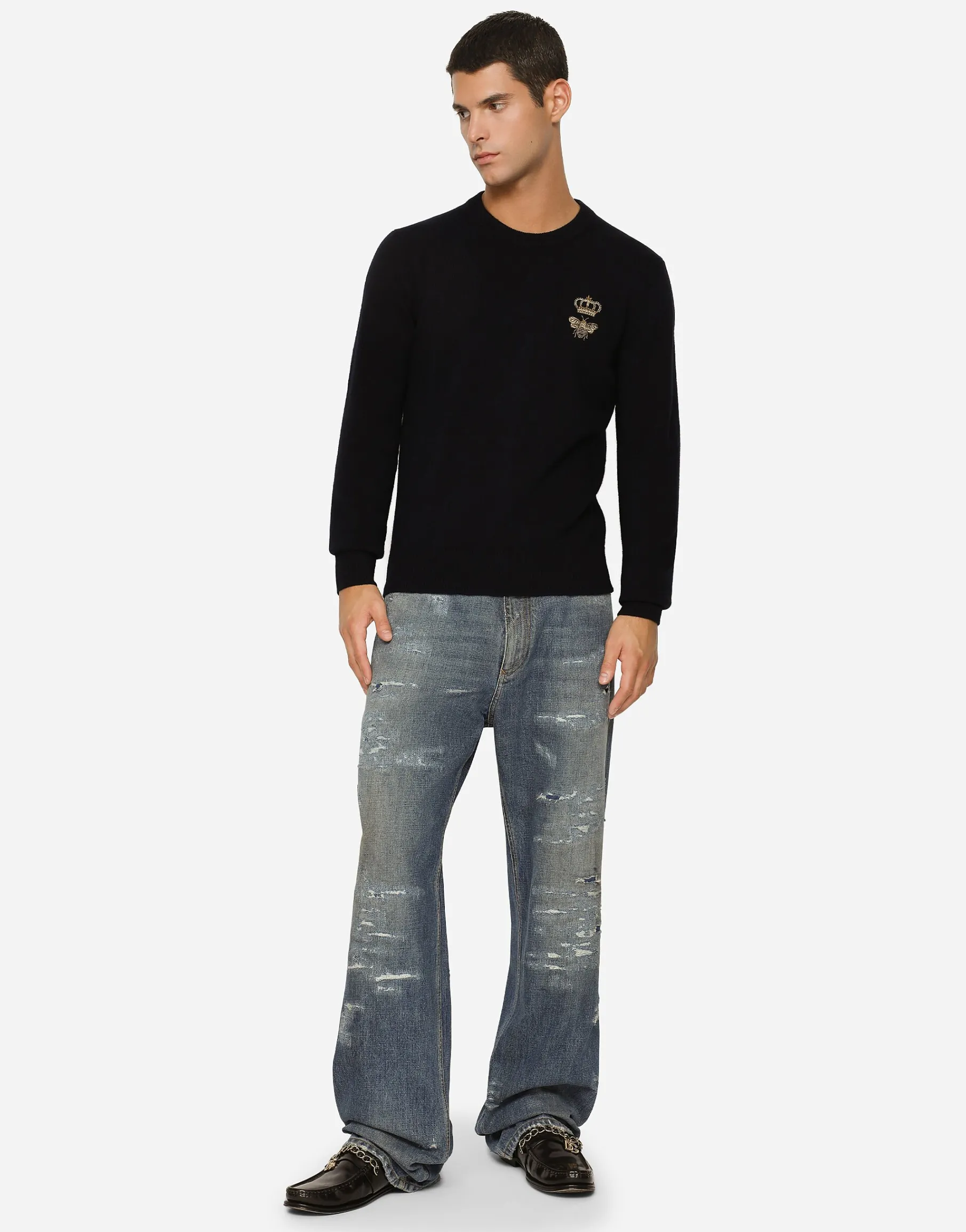 Wool round-neck sweater with embroidery
