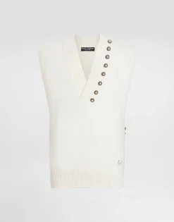 Wool V-neck vest with bejeweled buttons and DG embroidery