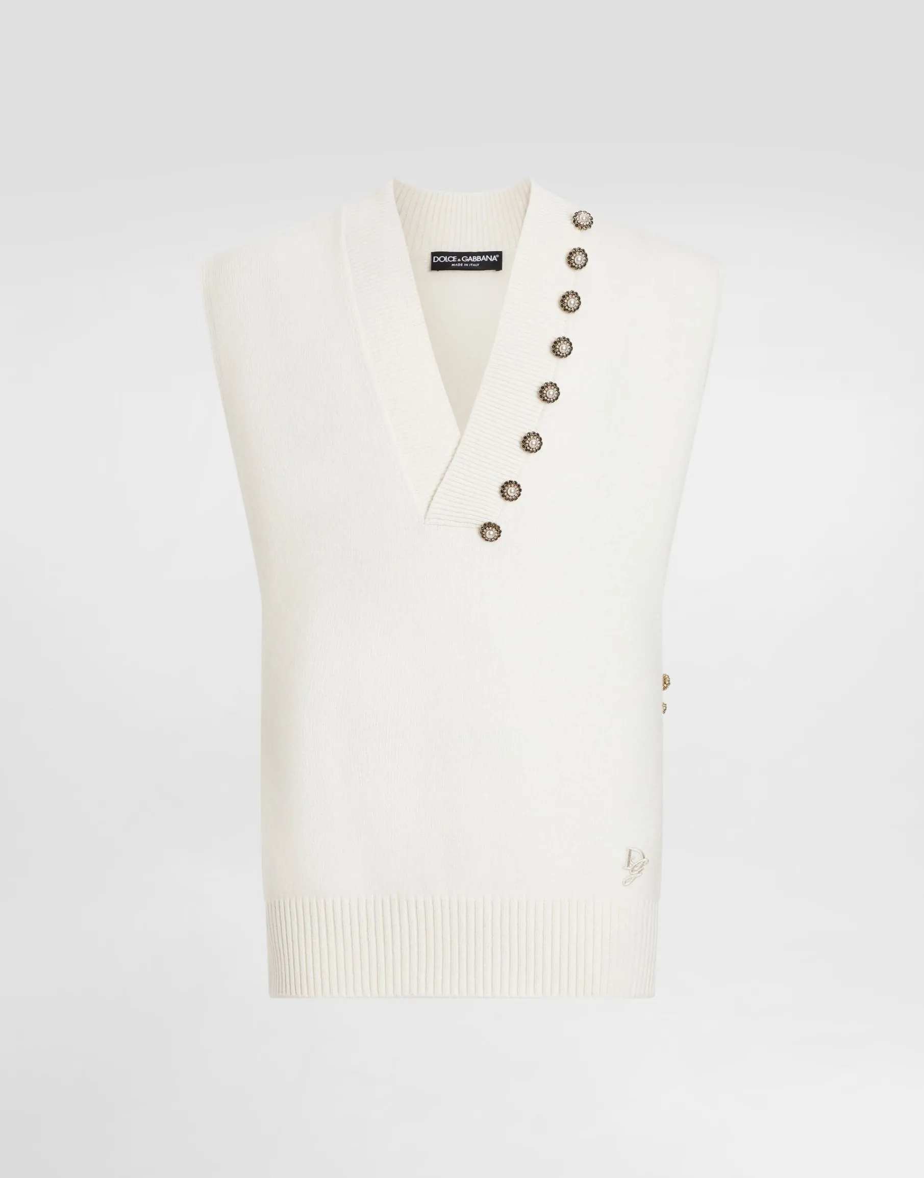 Wool V-neck vest with bejeweled buttons and DG embroidery