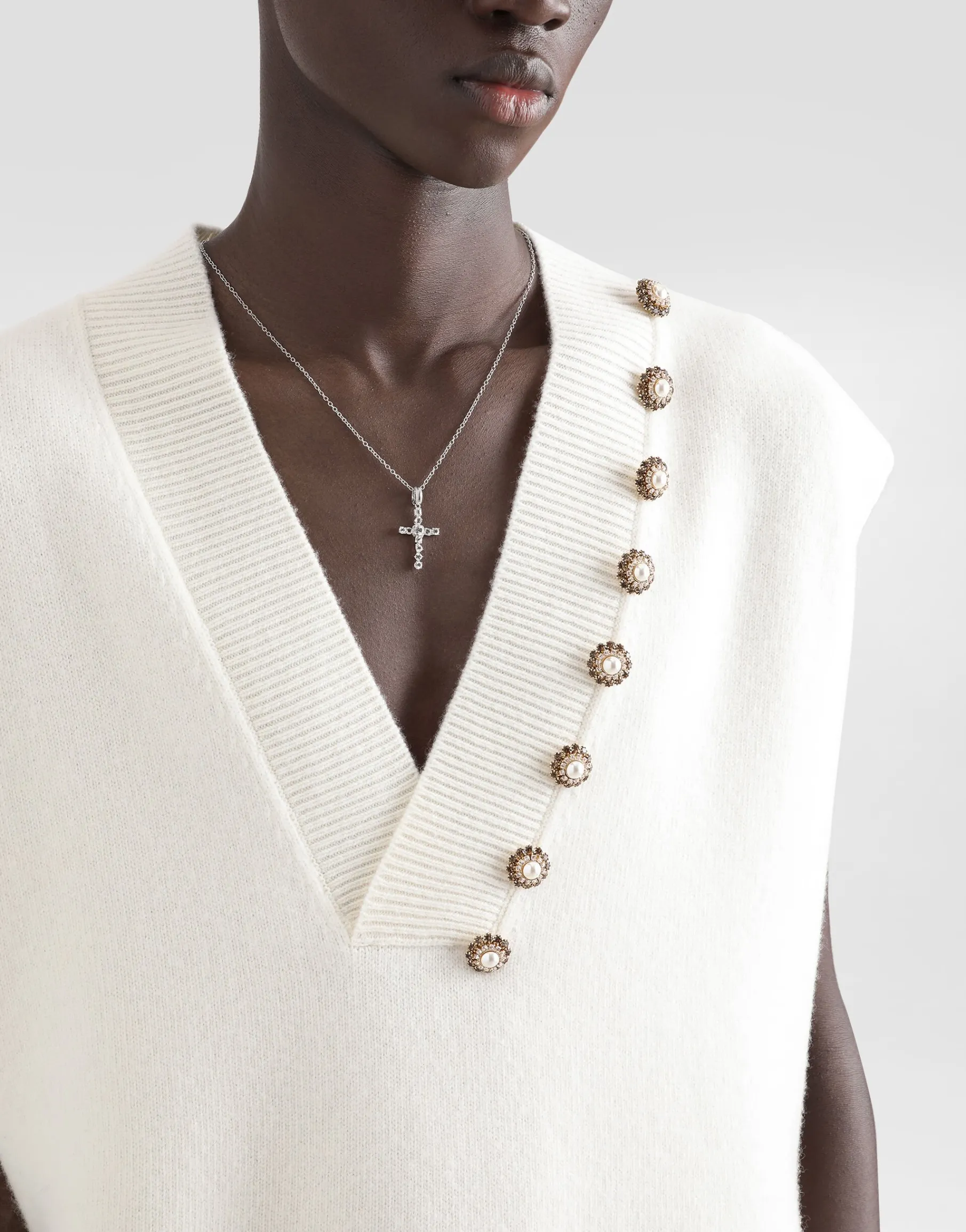 Wool V-neck vest with bejeweled buttons and DG embroidery