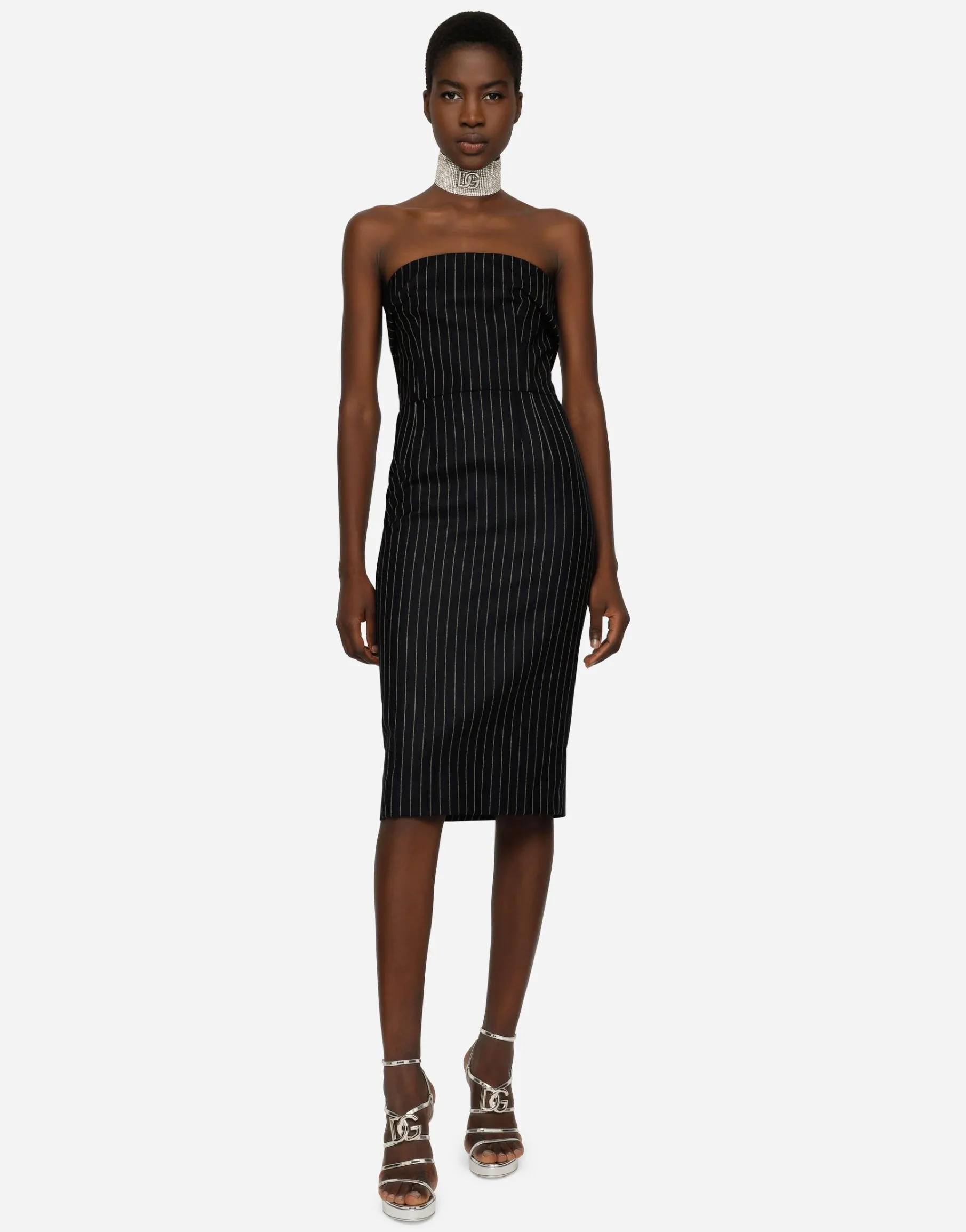 Woolen fabric pinstripe midi dress
