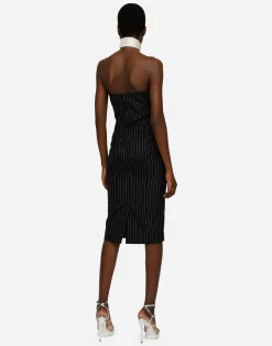 Woolen fabric pinstripe midi dress