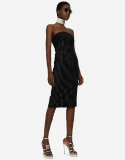 Woolen fabric pinstripe midi dress