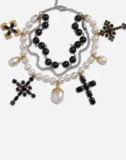 Yellow and white gold family bracelet with cblack sapphire, pearl and black jade beads