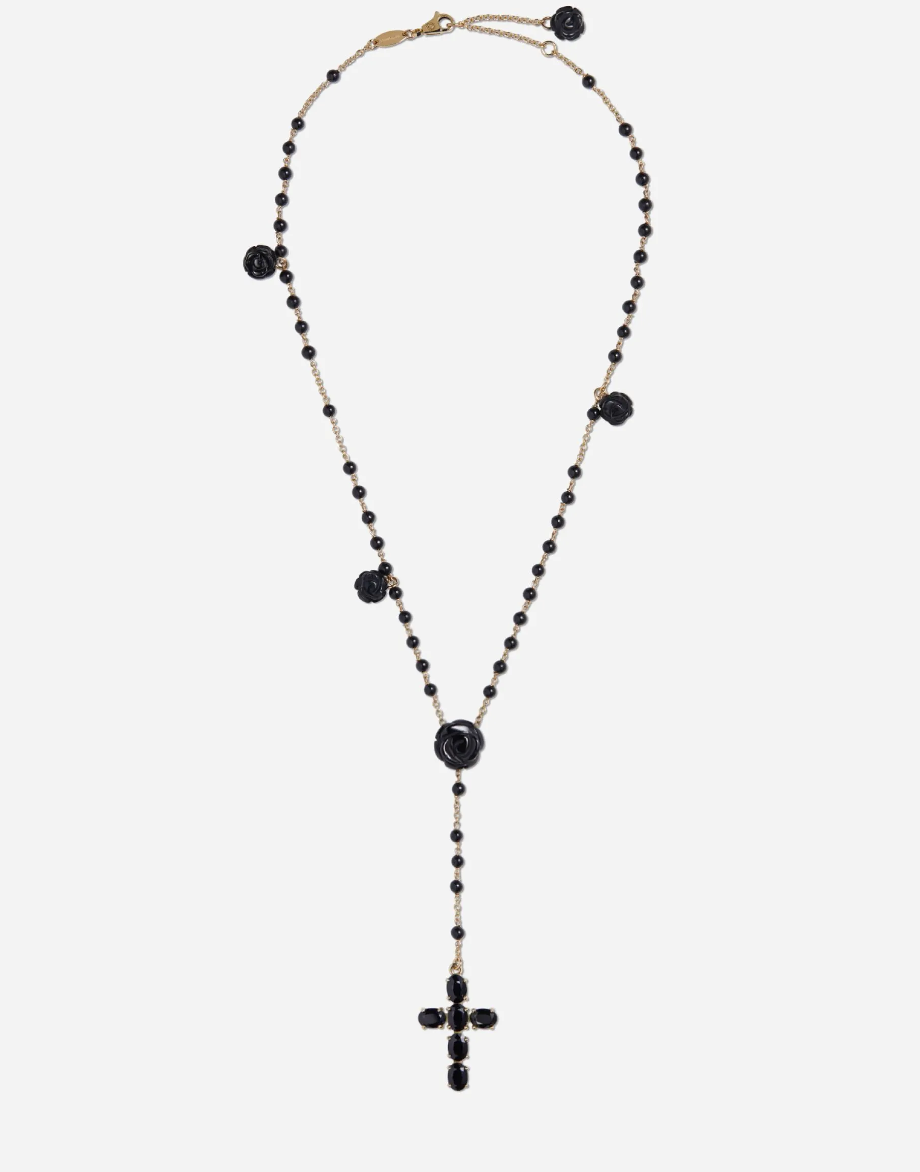 Yellow gold Devotion rosary necklace with black oval sapphires