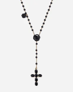Yellow gold Devotion rosary necklace with black oval sapphires