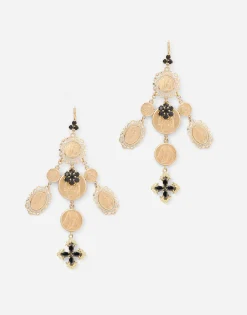 Yellow gold Sicily earrings with medals and cross pendants