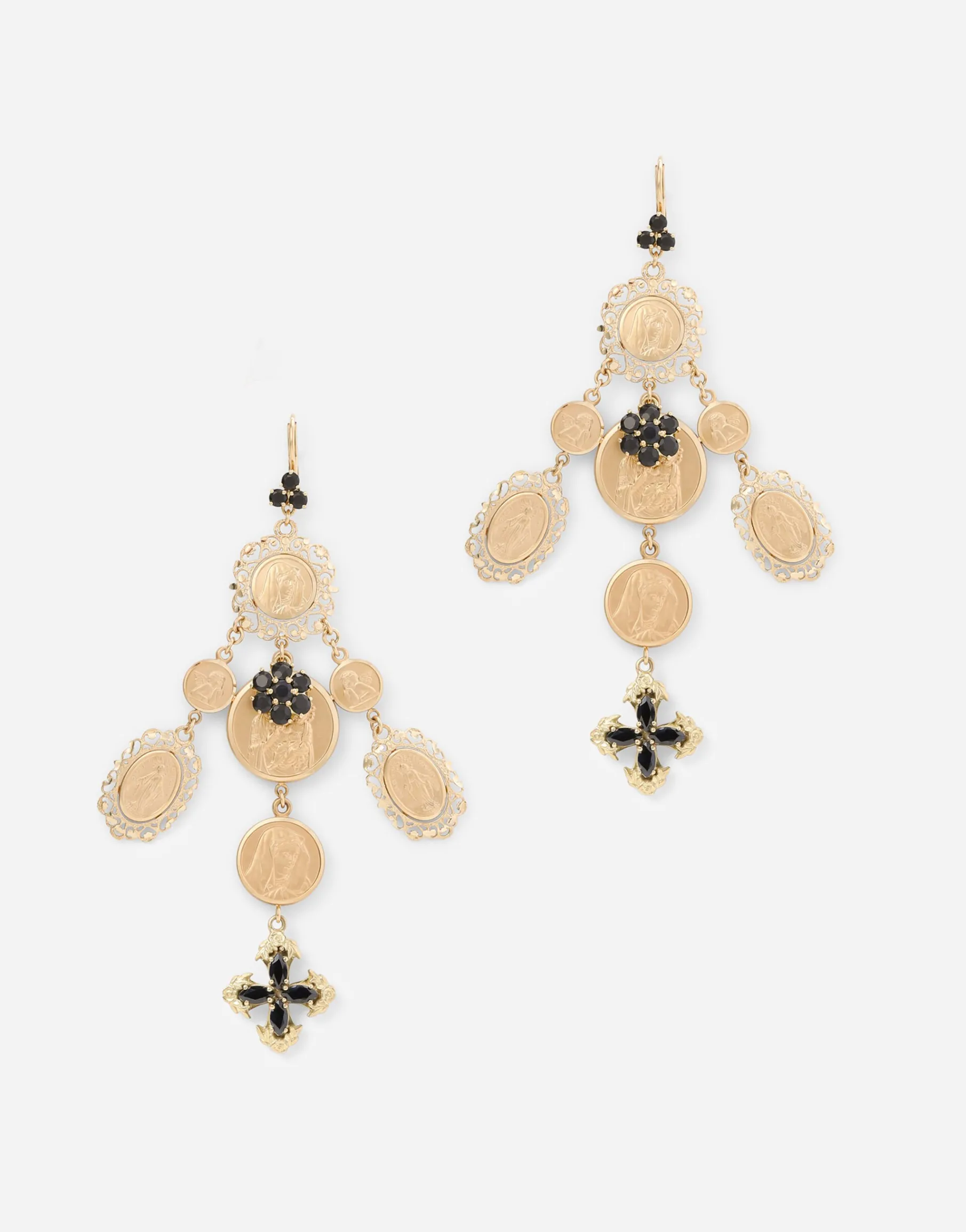 Yellow gold Sicily earrings with medals and cross pendants