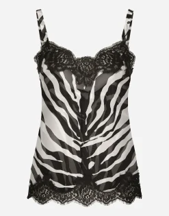 Zebra-print chiffon lingerie-style top with lace detailing