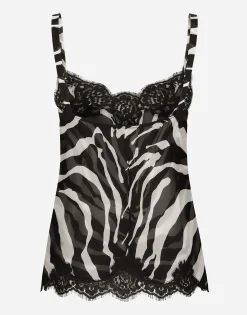 Zebra-print chiffon lingerie-style top with lace detailing