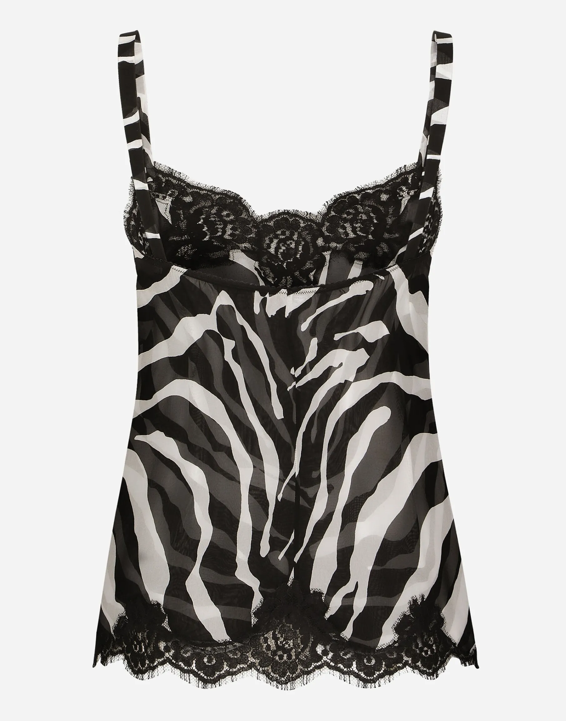 Zebra-print chiffon lingerie-style top with lace detailing