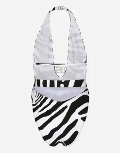 Zebra-print one-piece swimsuit with plunging neckline