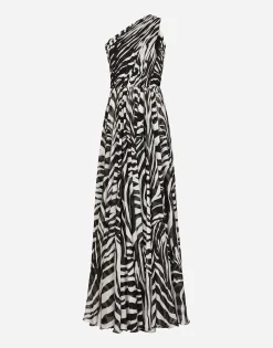 Zebra-print one-shoulder chiffon dress