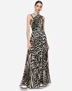 Zebra-print one-shoulder chiffon dress