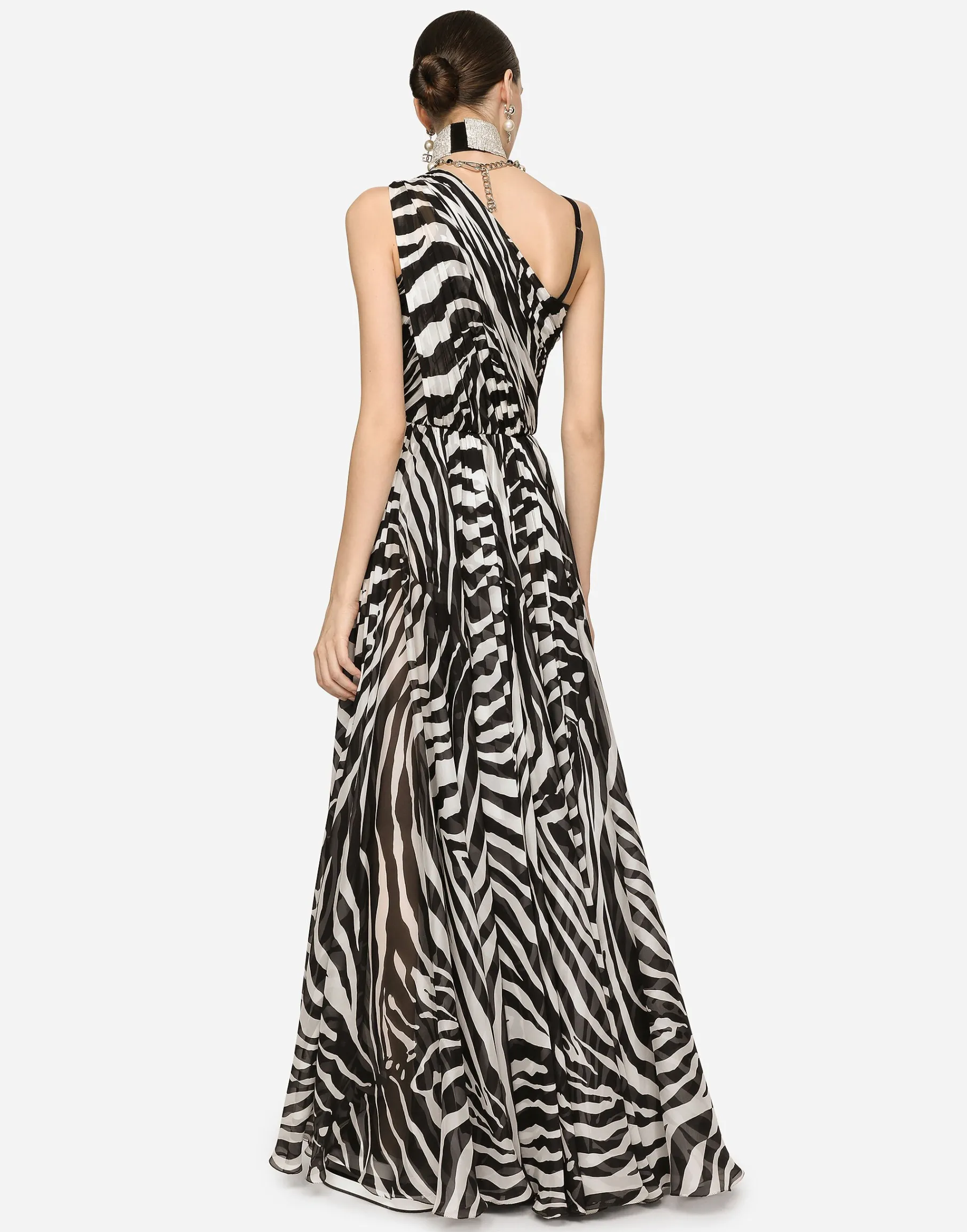 Zebra-print one-shoulder chiffon dress