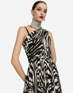 Zebra-print one-shoulder chiffon dress