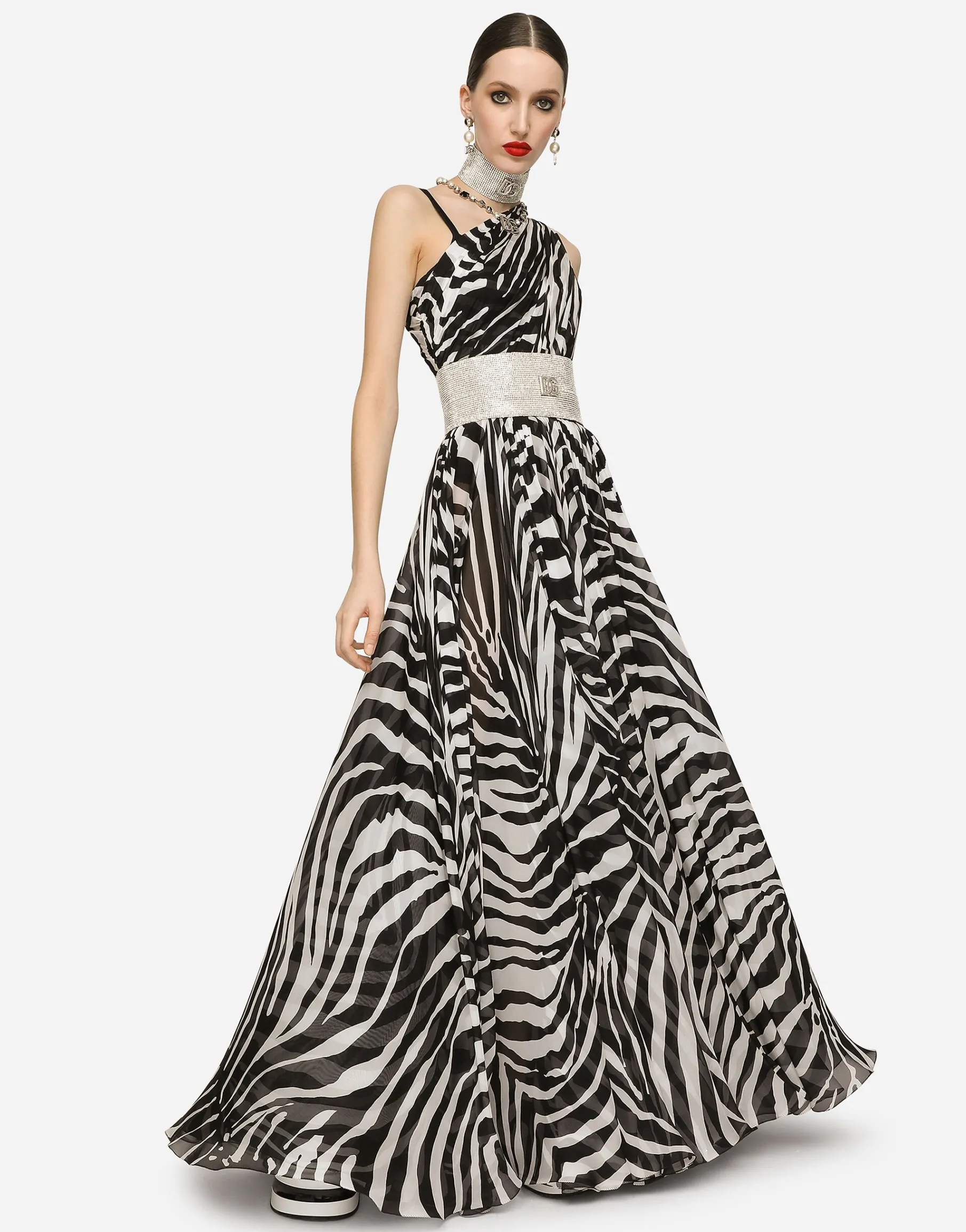 Zebra-print one-shoulder chiffon dress