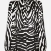 Zebra-print satin pussy-bow shirt