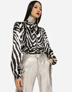 Zebra-print satin pussy-bow shirt