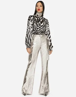 Zebra-print satin pussy-bow shirt