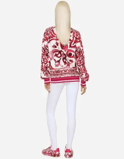 Zip-up cady sweatshirt with Majolica print