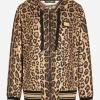Zip-up jersey hoodie with leopard print