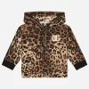 Zip-up jersey hoodie with leopard print
