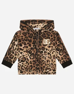 Zip-up jersey hoodie with leopard print