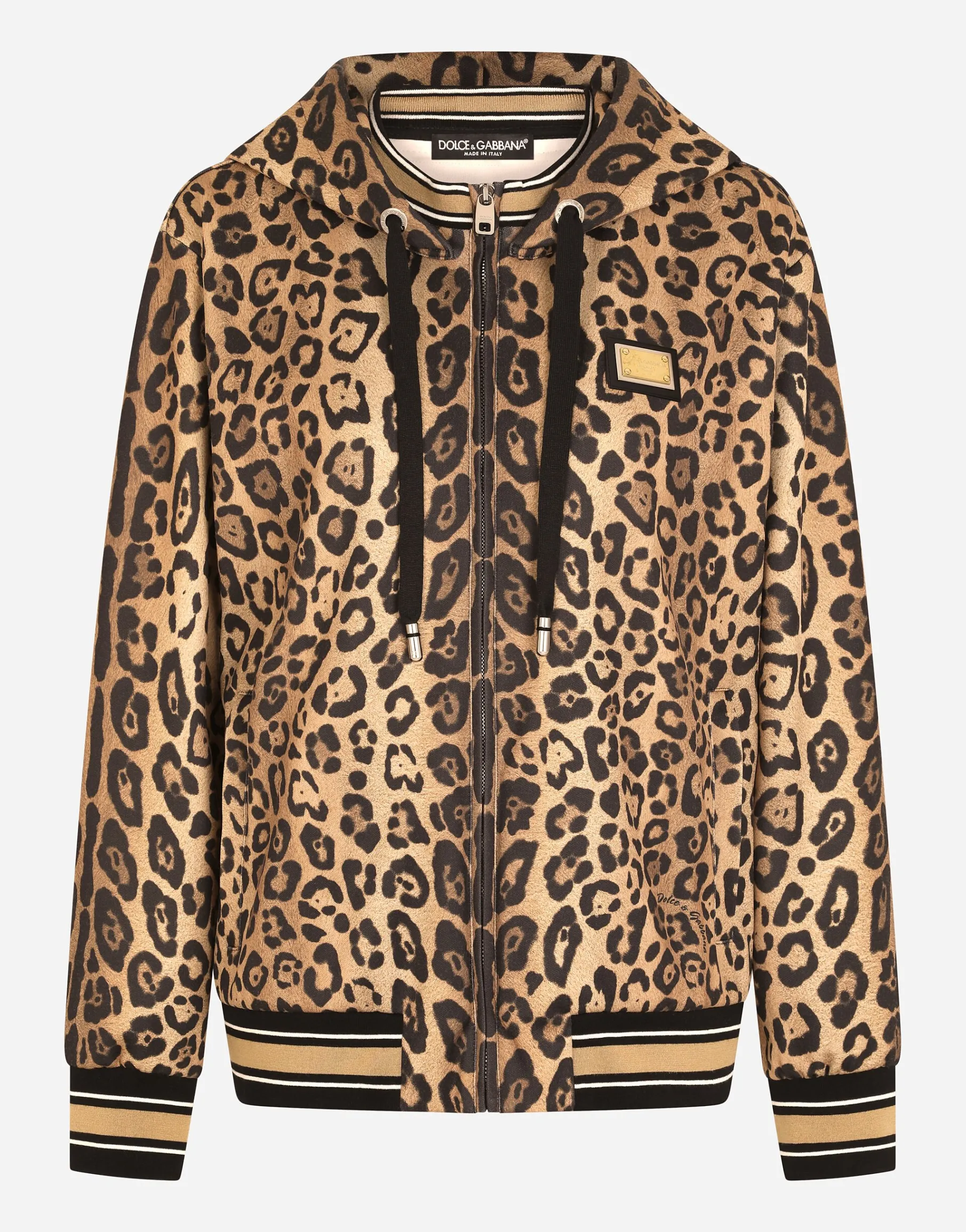 Zip-up jersey hoodie with leopard print