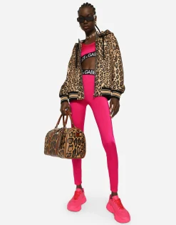 Zip-up jersey hoodie with leopard print