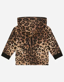 Zip-up jersey hoodie with leopard print