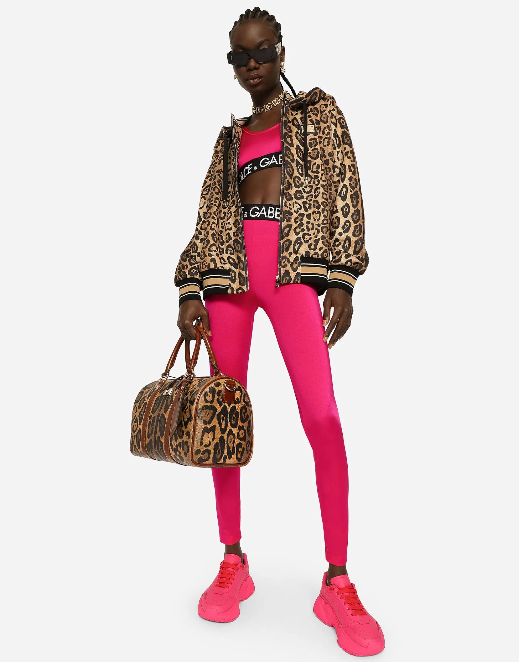 Zip-up jersey hoodie with leopard print