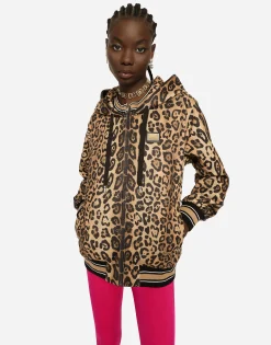 Zip-up jersey hoodie with leopard print