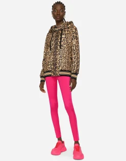 Zip-up jersey hoodie with leopard print