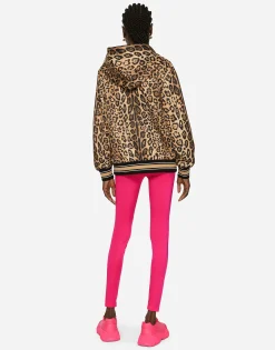Zip-up jersey hoodie with leopard print