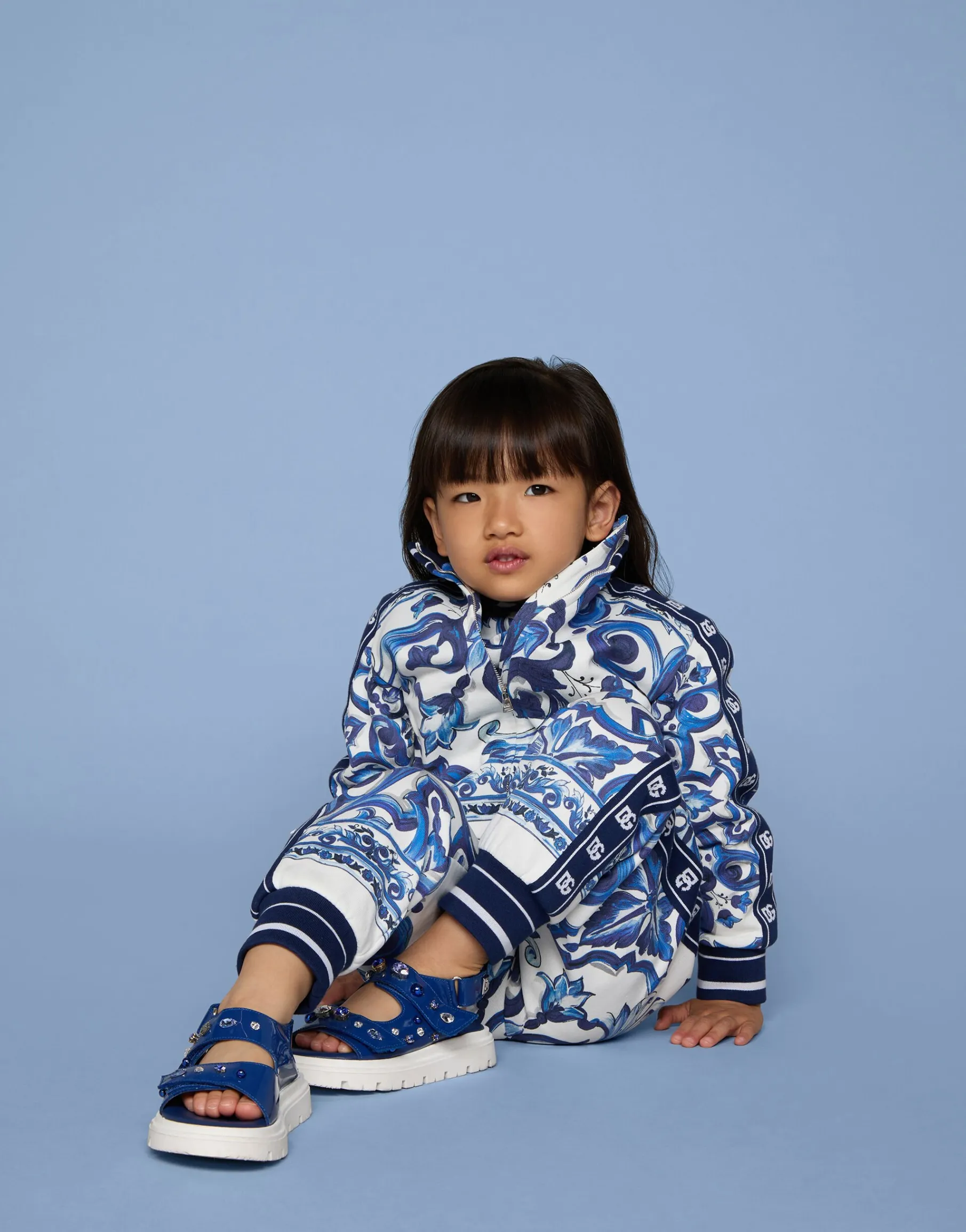 Zip-up jersey sweatshirt with majolica print