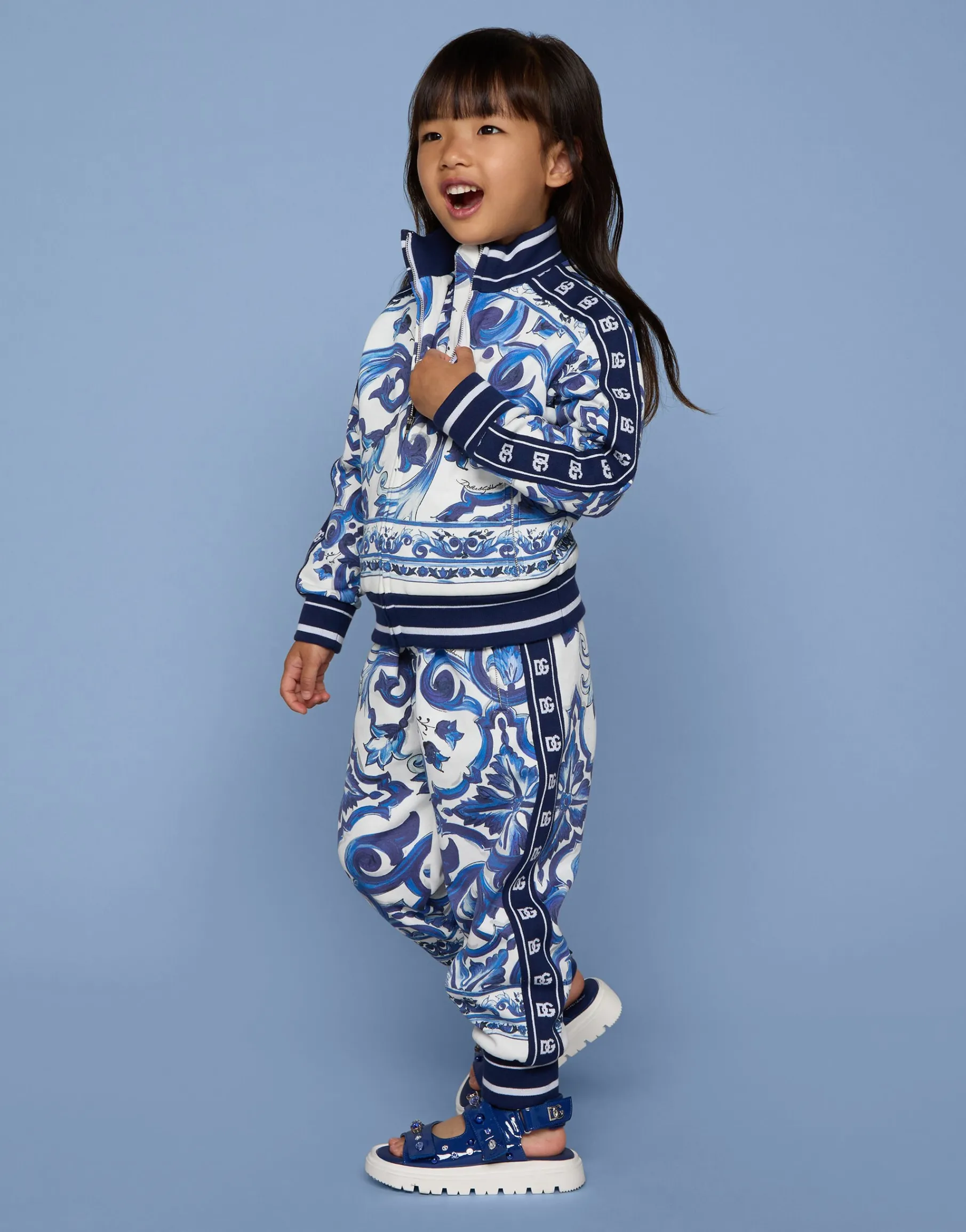 Zip-up jersey sweatshirt with majolica print