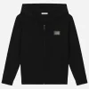 Zip-up plain knit hooded cardigan with logo tag